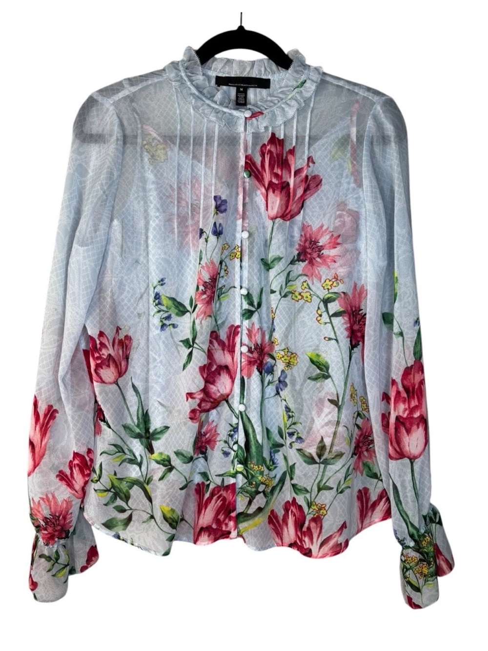 White House Black Market WHBM Blue Floral Sheer Blouse with Liner Medium M Top - Picture 2 of 5
